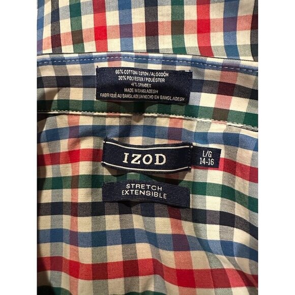 EUC IZOD Boys Button Down L/S Holiday Christmas Dress Shirt Plaid Large 14/16 - Picture 11 of 13